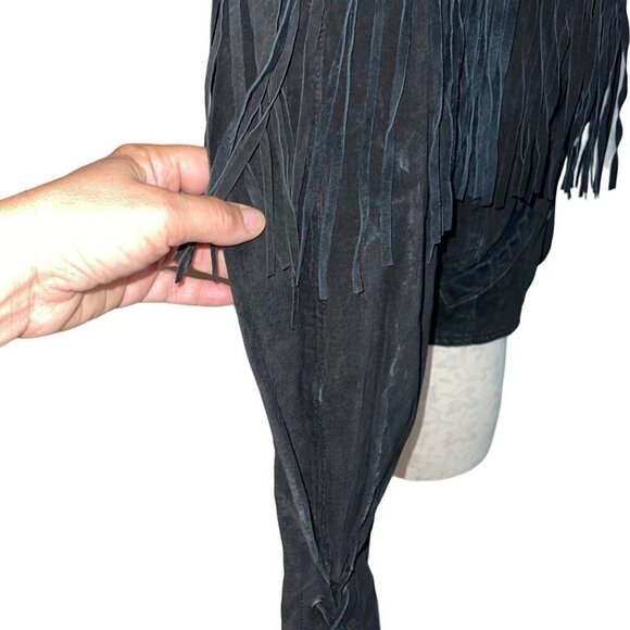 Winlit Vintage Jacket Size Medium Black Suede Fringe Asymmetric Snap Closure - Picture 7 of 14